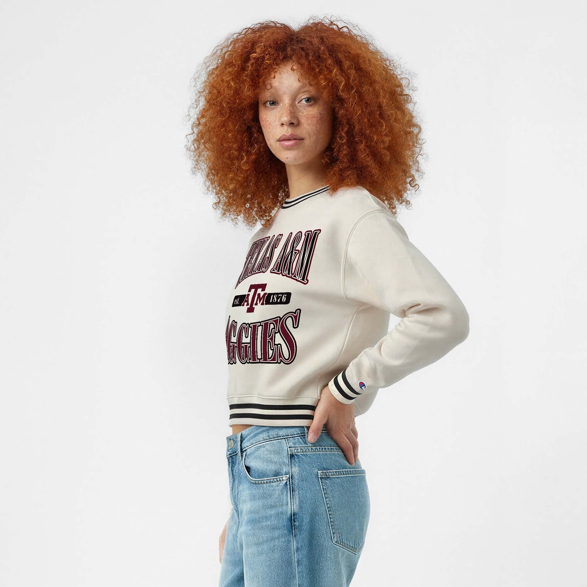 Women's Champion White Texas A&M Aggies Yarn Dye Rib Reverse Weave Crew Sweatshirt